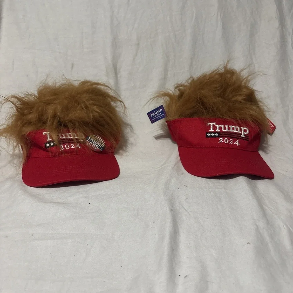 Lot Of 2 President‎ Donald TRUMP Red Trumpy Visor Hat w/Gold Hair Golf Cap Wig